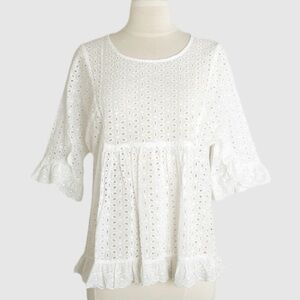 NWT MYSTREE Eyelet Ruffle Sleeve Top in White Cotton Coquette Feminine Cotton S
